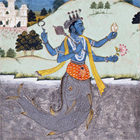 『マツヤ（魚）に化身したヴィシュヌ（マツヤ・アヴァターラ）（部分）　ビーカーネール派 インド　18世紀前半』の画像