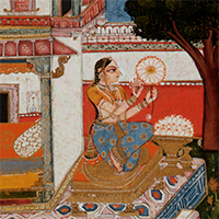 『蓮弁でクッションをつくる女（マラシュリー・ラーギニー）（部分）　ブーンディ派インド　18世紀前半』の画像