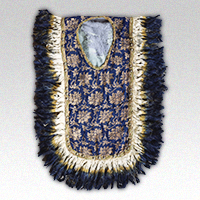 Image of "Ryoto (Bugaku costume), Design of a double-vine peony arabesque in gold brocade on a dark blue ground, Formerly passed down at Niutsuhime Jinja, Wakayama, Nanbokucho period, 14th century (Important Cultural Property)"