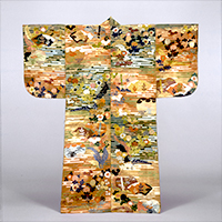Image of "Karaori (Noh costume), Design of haze, chrysanthemums, and fan papers on a light brown, red, and green checkered ground, Formerly passed down by the Konparu troupe, Edo period, 18th century"