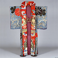 Image of "Omigoromo Coat (Kabuki Costume), Chrysanthemum and stream design on light blue velvet ground, Formerly used by Bando Mitsue, Edo period, 19th century (Gift of Ms.Takagi Kiyo)"