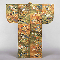 Image of "Karaori Garment (Noh costume), Stylized wave, floral bouquet, fan and bottle gourd flower design on green, red and brown checkered ground, Edo period, 18th century"