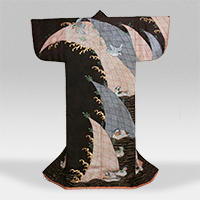 Image of "Kosode (Garment with small wrist openings), Design of waves and mandarin ducks on a black figured-satin ground, Edo period, 17th century (Important Cultural Property)"