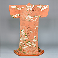 Image of "Kaidori (Outer garment), Design of a waterfall, cherries, and bamboos on a pink, chirimen-crepe ground, Edo period, 18th century"