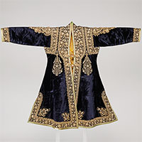 Image of "Coat, Flower design in gold and silver embroidery on deep blue velvet ground, Used by Madho Singh II, 19th century"