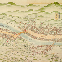 Image of "Illustrated Map of the Ise Road, Matsuzaka: Obata, Yamada: Gegu, Uji: Naiku Futami Isobe (detail), Edo period, dated 1806 (Important Cultural Property)"