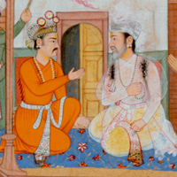『話し合うユディシュティラとビーシュマ（ラズムナーマ）（部分）　ファトゥー筆（ムガル派）インド　1601年』の画像