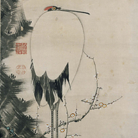 Image of "Pine Tree, Plum Blossoms, and Crane (detail), By Ito Jakuchu, Edo period, 18th century (Gift of Mrs. Uematsu Kayoko)"