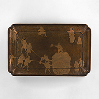 Image of "TrayMen moving a rock design in maki-e lacquer, Edo period, 17th century"