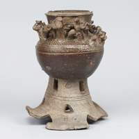 Image of "Footed Jar with Ornaments, Sue stoneware, Excavated at Ogasayama, Osafune-cho, Setouchi-shi, Okayama, Kofun period, 6th century"