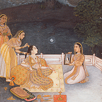 『テラスで髪を梳いてもらう女王（ビラーワリ・ラーギニー）（部分）　地方ムガル派インド　17世紀後半～18世紀初』の画像