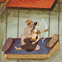 Image of "Nayaka Aiming a Bow and Arrow with Nayika on His Lap (detail), By the Bikaner school, Beginning of 18th century"