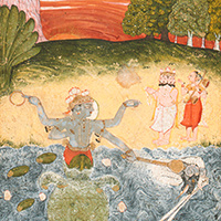 『クールマ（亀）に化身したヴィシュヌ（クールマ・アヴァターラ）（部分）　ブーンディー派インド　17世紀末～18世紀初』の画像