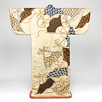 Image of "Kosode (Garment with small wrist openings), Scoop net design on white figured satin ground, Edo period, 17th century"