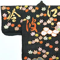 Image of "Katabira (Unlined summer garment), Cracked ice, maple leaf, and Chinese character design on black ramie ground (detail), Edo period, 18th century"