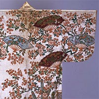 Image of "Kosode (Garment with small wrist openings), Design of young pines, cherries, and curtains on a white figured-satin ground (detail), Edo period, 18th century"