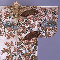 Image of "小袖 白纶子地嫩松樱花帷幕模样（部分）　18世纪"