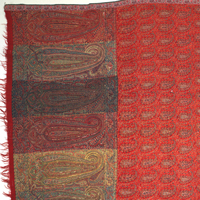 Image of "Cashmere Shawl, Tapestry weave and patchwork; paisley design on red ground (detail), Kashmir, India, 18th century"