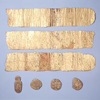 Image of "Ritual Objects Used to Consecrate the Site of Kohfukuji Temple, Strips of Beaten Gold, Excavated from under altar of Main Hall at Kohfukuji, Nara, Nara period, 8th century (National Treasure)"