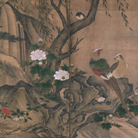 『花鳥図屏風（部分）　「輞隠」印　室町時代・16世紀』の画像