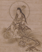 Image of "Bodhisattva Monju Riding a Lion (detail), By Reisai; inscription by Ryōkō Shinkei, Muromachi period, 15th century (Important Cultural Property)"
