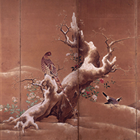 Image of "Withered Tree, Flowers, and Birds (detail), By Sanboku Yoshitsugu, Edo period, 17th century"