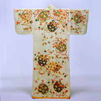 Image of "Long-Sleeved Robe (Furisode) with Wickerwork Baskets Filled with Flowers and Autumn Leaves, Edo period, 18th century"