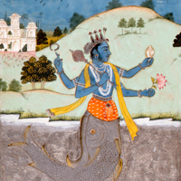 『マツヤ（魚）に化身したヴィシュヌ（マツヤ・アヴァターラ）（部分）　ビーカーネール派インド　18世紀前半』の画像