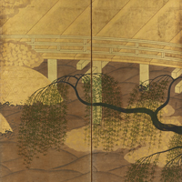 Image of "Bridge with Willow Trees and Water Mill (detail)Artist unknown, Azuchi-Momoyama–Edo period, 16th–17th century (Important Art Object)"