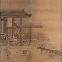 『雨宿り図屏風（部分）　英一蝶筆　江戸時代・18世紀』の画像