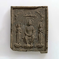 Image of "Clay Relief Tile with an Image of a Buddha Triad, Found at Minami-Hokkeji Temple, Nara, Asuka period, 7th century (Important Cultural Property)"