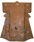 Image of "Kosode (Garment with Small Wrist Openings), Design of agriculture scenes of four seasons on brown figured satin, Edo period, 19th century"