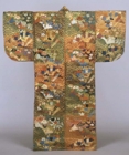 Image of "Karaori Garment (Noh Costume), Design of seigaiha waves, hananoshi bouquets, fans and moonflowers on green, red and brown checkered ground, Edo period, 18th century"