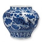 Image of "Jar, Fish and lotus pond design in underglaze blue, Jingdezhen ware, China, Yuan dynasty, 14th Century, Important Cultural Property, Museum of Oriental Ceramics, Osaka"