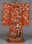 Image of "Furisode (Garment with long hanging sleeves), Cherry blossom and stream design on red crepe, Edo period, 19th century (Formerly worn by Bando Mitsue, Gift of Ms. Takagi Kyo)"