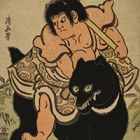Image of "Kintaro Riding a Bear with Axe on his Shoulder, By Torii Kiyonaga, Edo period, 18th century"