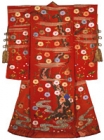 Image of "Furisode(Garment with long Sleeves for Kabuki Theatre), Cherries and streams on red crepe, Edo period, 19th century (Gift of Ms.Takagi Kyo)"