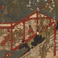 Image of "Painting: Illustrated Biography of Prince Shotoku, Calligraphy: Screen with Verses from Various Sutras and Waka Poem By the Emperor Gosakuramachi, Textiles:Banner of Nara period"