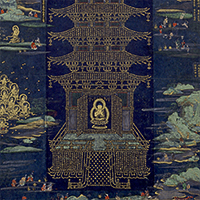 Image of "National Treasure Gallery: Jeweled Pagoda Mandala,Vols 1 and 4, Sovereign Kings of the Golden Light Sutra written in gold to form the pagoda"