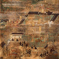 Image of "Painting: The National Treasure the Illustrated Biography of Prince Shotoku; Textiles: Plain-weave Silk Buddhist Banner Fragments and Bottom Sections of Other Buddhist Banners"