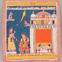 『インドの細密画 英雄クリシュナと牛飼いラーダー』の画像