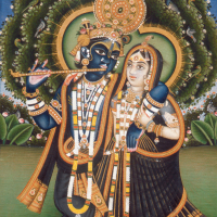 『インドの細密画 英雄クリシュナと牛飼いの女ラーダー』の画像