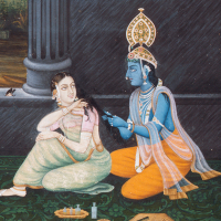 『インドの細密画 英雄クリシュナと牛飼いの女ラーダー』の画像