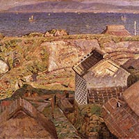 Image of "Seashore Village (Houses with White Plaster Walls) (detail), By Nakamura Tsune, Meiji era, 1910"