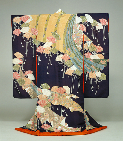 Image of "Long-Sleeved Kimono (Furisode) with Bamboo Blinds and Cypress Fans, Edo period-Meiji era, 19th century (Gift of Ms.Ōtani Michiko)"