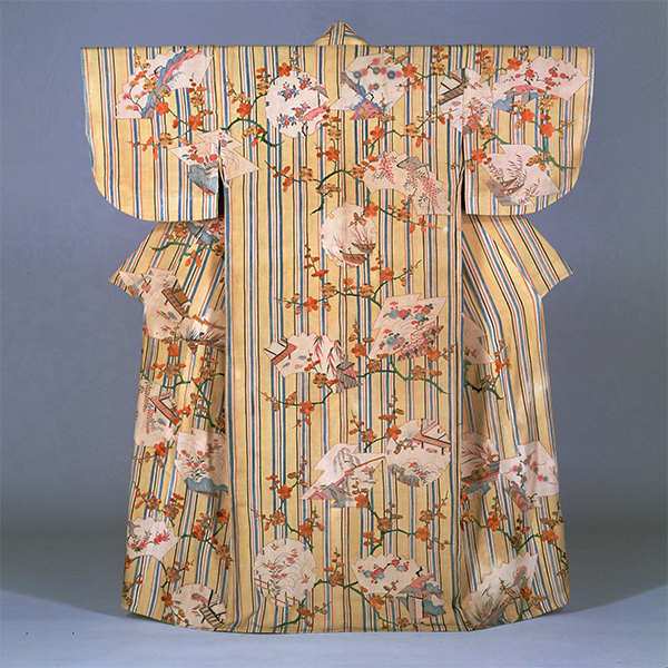 Image of "Kimono (Kosode) with Stripes, Windows, and Plum Branches, Edo period, 18th century"