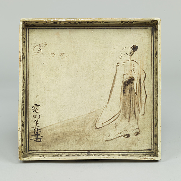 Image of "Square Dish with a Chinese Poet Watching Seagulls, By Ogata Kōrin and Shinsei, Edo period, 18th century (Important Cultural Property)"
