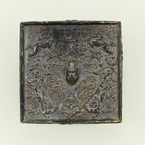 Image of "Square Mirror with Auspicious Flowers and Mythical Beasts (Suanni), Found in Kyoto City, Nara period, 8th century	 (Gift of Mr. Araki Otojirō)"