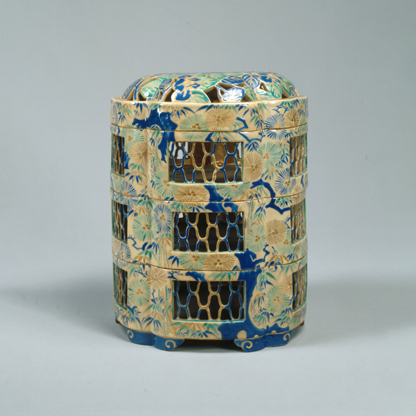 Image of "Stacked Food Boxes with Camellias, Pines, Bamboo, and a Blooming Plum Tree, Kyoto ware, Edo period, 18th century"
