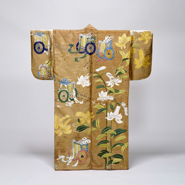 Image of "Noh Costume (Nuihaku) with Lilies and Courtly Carriages, Passed down by the Konparu Troupe, Azuchi-Momoyama period, 16th century (Important Cultural Property)"